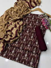 ✨ Winter Collection – Marina Linen Embroidered 3PC Suit with Velvet Border Shawl ✨